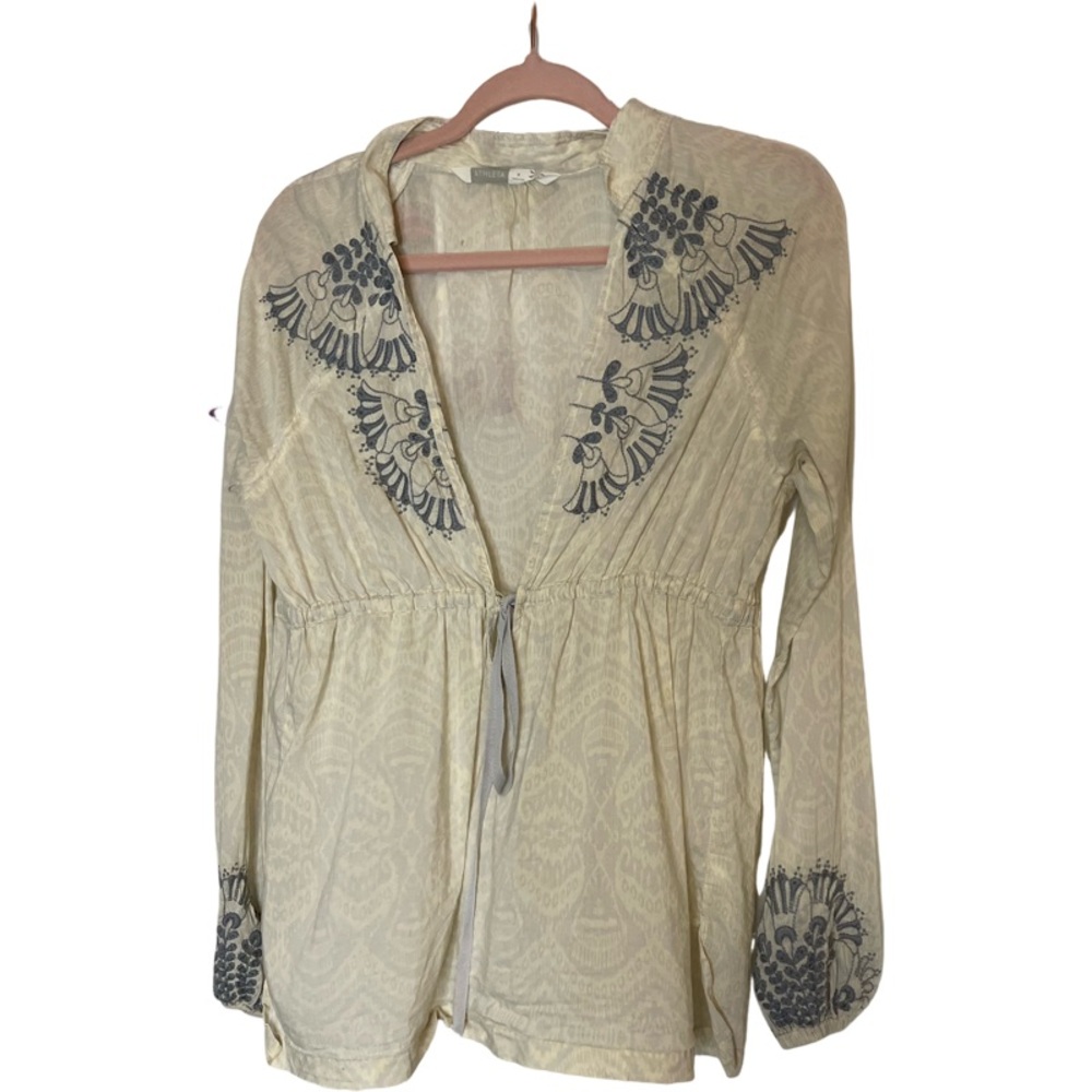 Athleta Tan and White Embellished Tunic with Tie Front